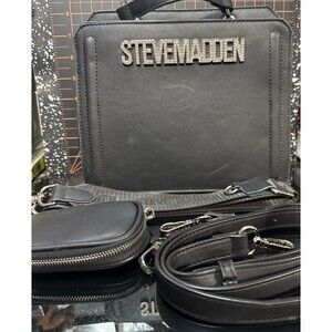 Steve Madden Rhinestone Logo Crossbody Satchel Black Bag W/ Straps & Air Pod Bag